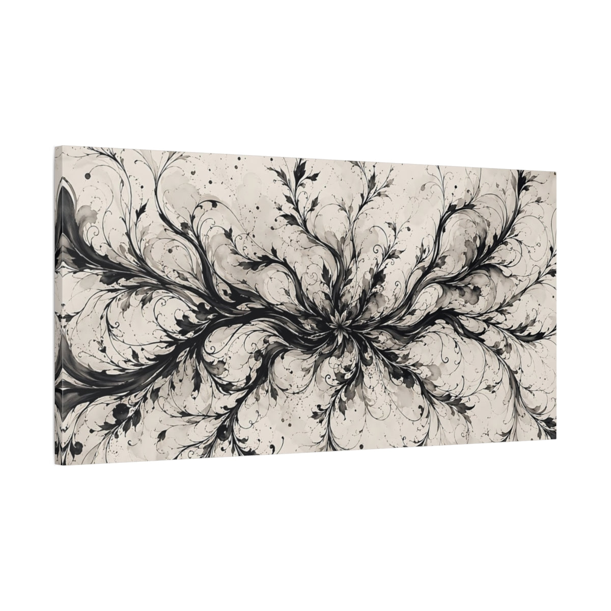 Main Mockup. Floral Botanical Swirls Black And Beige shown as stretched canvas wall art