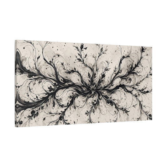 Main Mockup. Floral Botanical Swirls Black And Beige shown as stretched canvas wall art