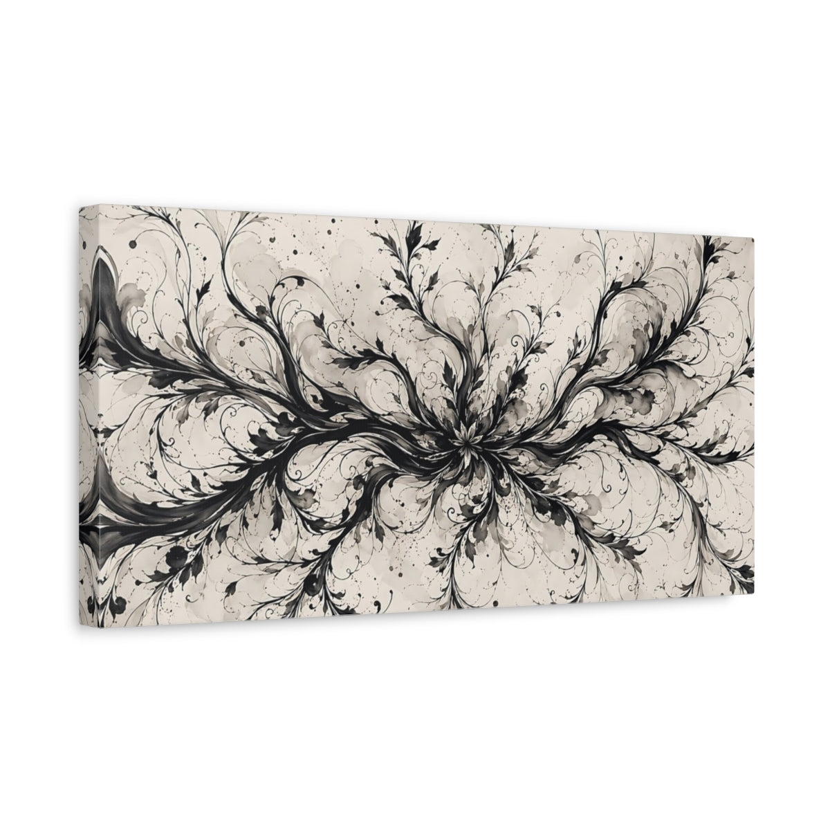 Side Mockup 3. Floral Botanical Swirls Black And Beige shown as stretched canvas wall art