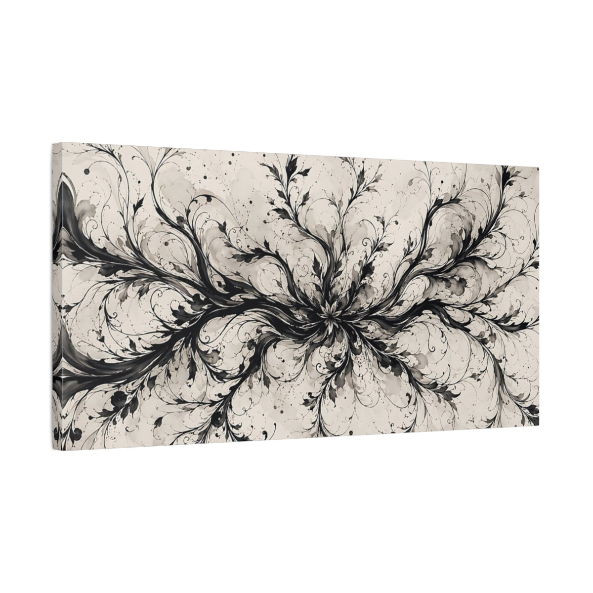 Side Mockup 1. Floral Botanical Swirls Black And Beige shown as stretched canvas wall art