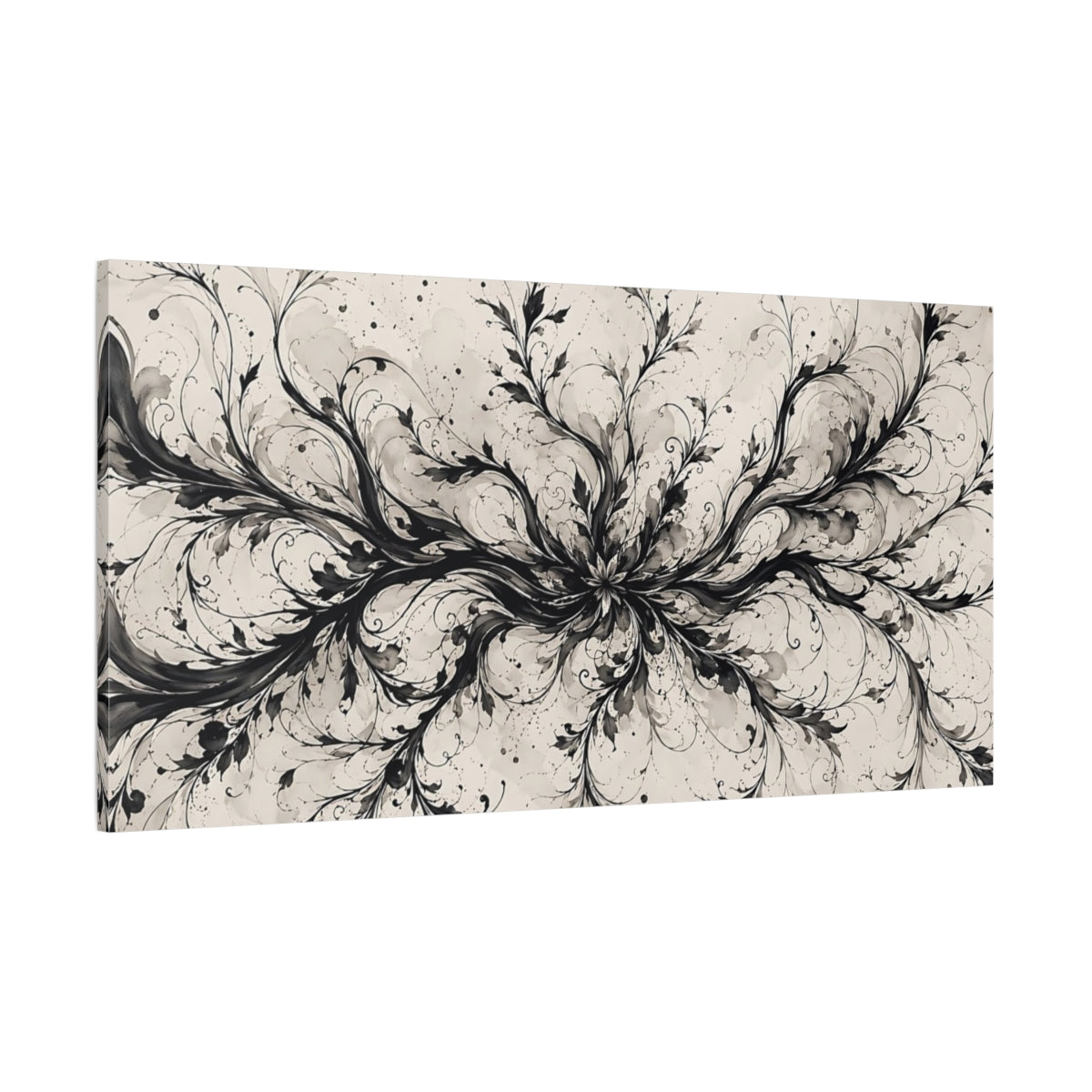 Side Mockup 2. Floral Botanical Swirls Black And Beige shown as stretched canvas wall art