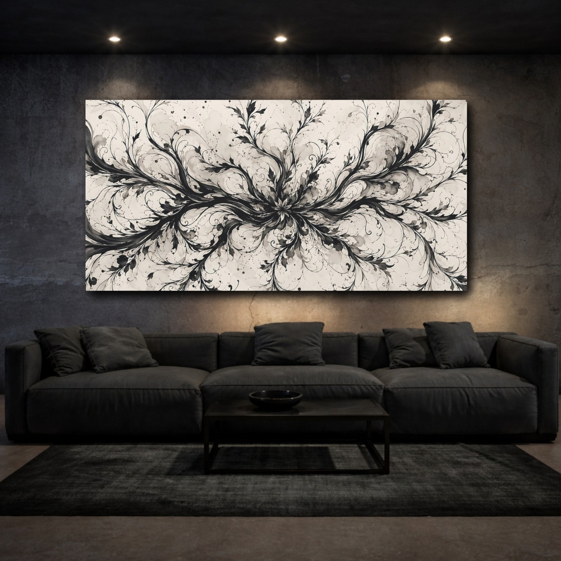 Mockup 2. Floral Botanical Swirls Black And Beige shown as stretched canvas wall art