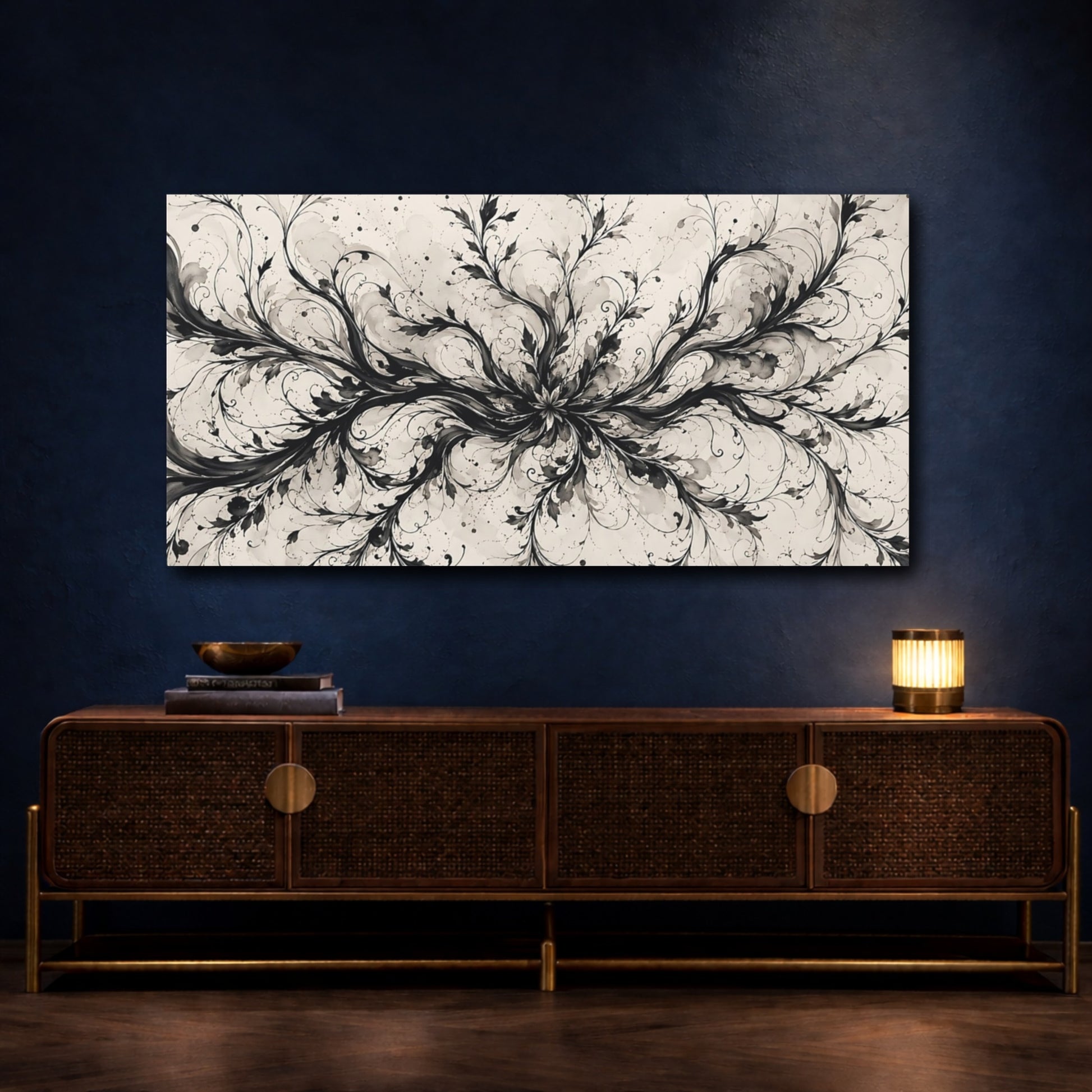 Mockup 3. Floral Botanical Swirls Black And Beige shown as stretched canvas wall art