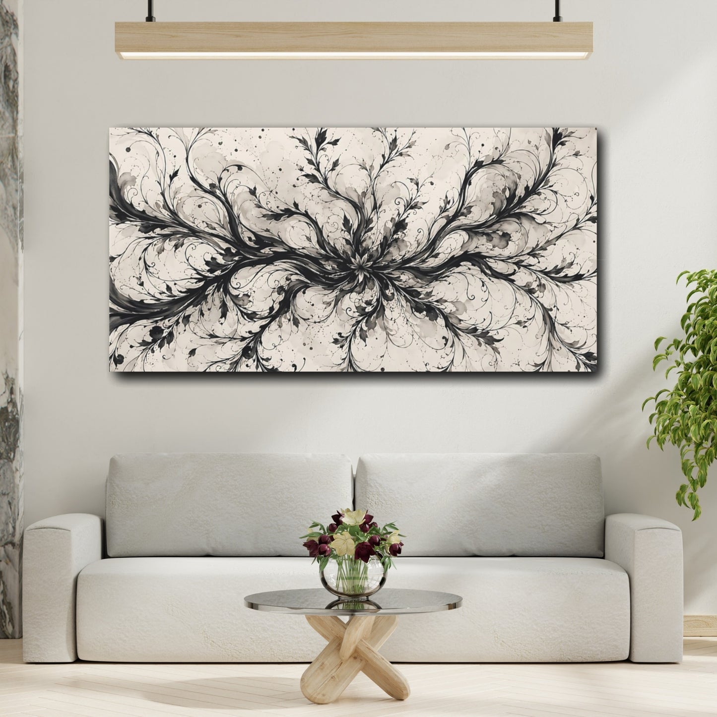 Mockup 4. Floral Botanical Swirls Black And Beige shown as stretched canvas wall art