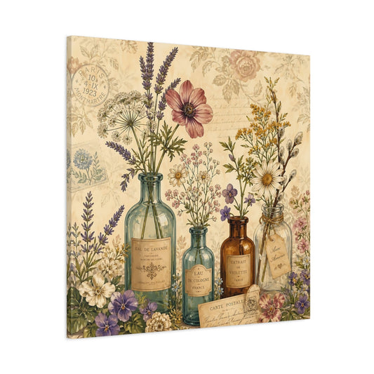 Main Mockup. Floral Bottled Flowers Vintage Botanical Cream shown as stretched canvas wall art