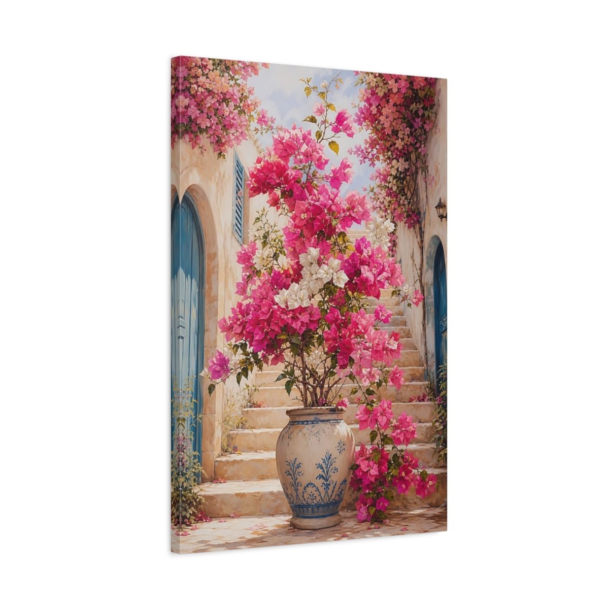 Floral Bougainvillea Flowers Pink Canvas Print Wall Art – Mediterranean Living Room, Above Console Table - YesArtYes