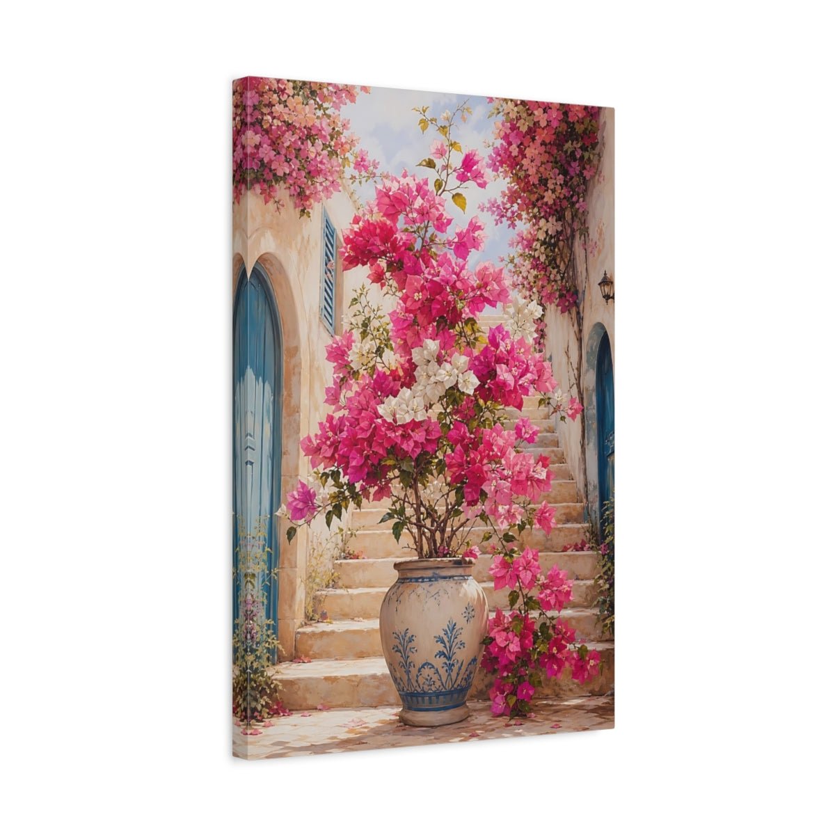 Floral Bougainvillea Flowers Pink Canvas Print Wall Art – Mediterranean Living Room, Above Console Table - YesArtYes