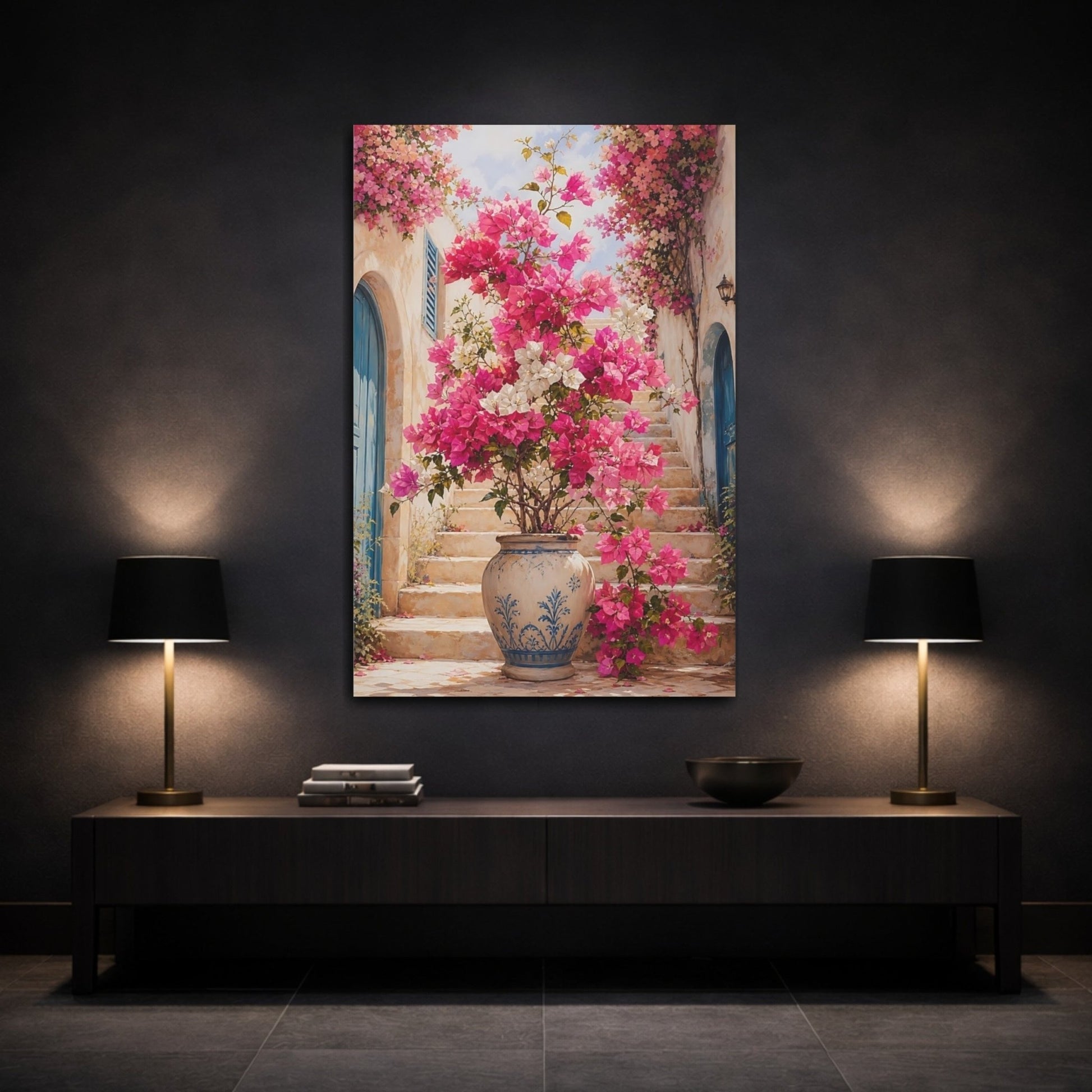 Floral Bougainvillea Flowers Pink Canvas Print Wall Art – Mediterranean Living Room, Above Console Table - YesArtYes