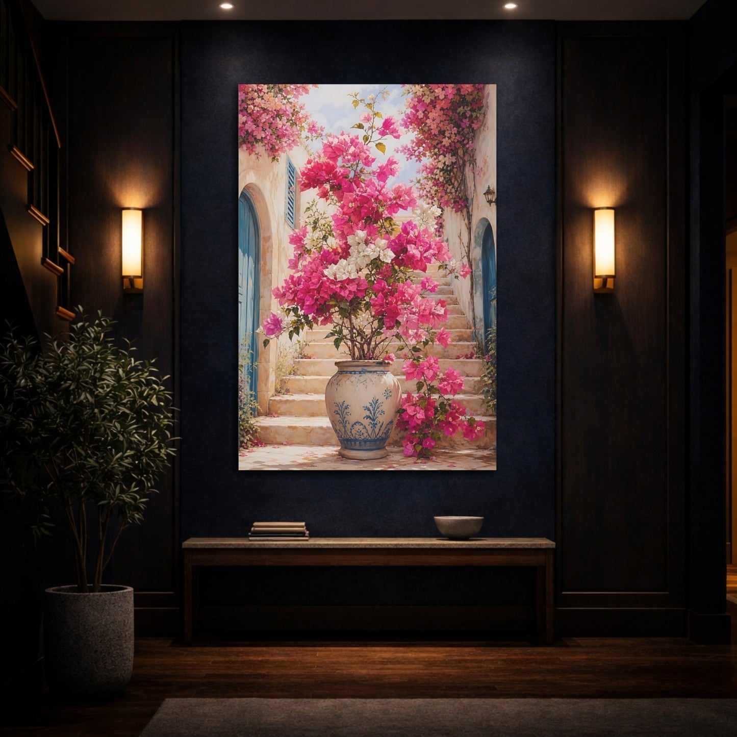 Floral Bougainvillea Flowers Pink Canvas Print Wall Art – Mediterranean Living Room, Above Console Table - YesArtYes