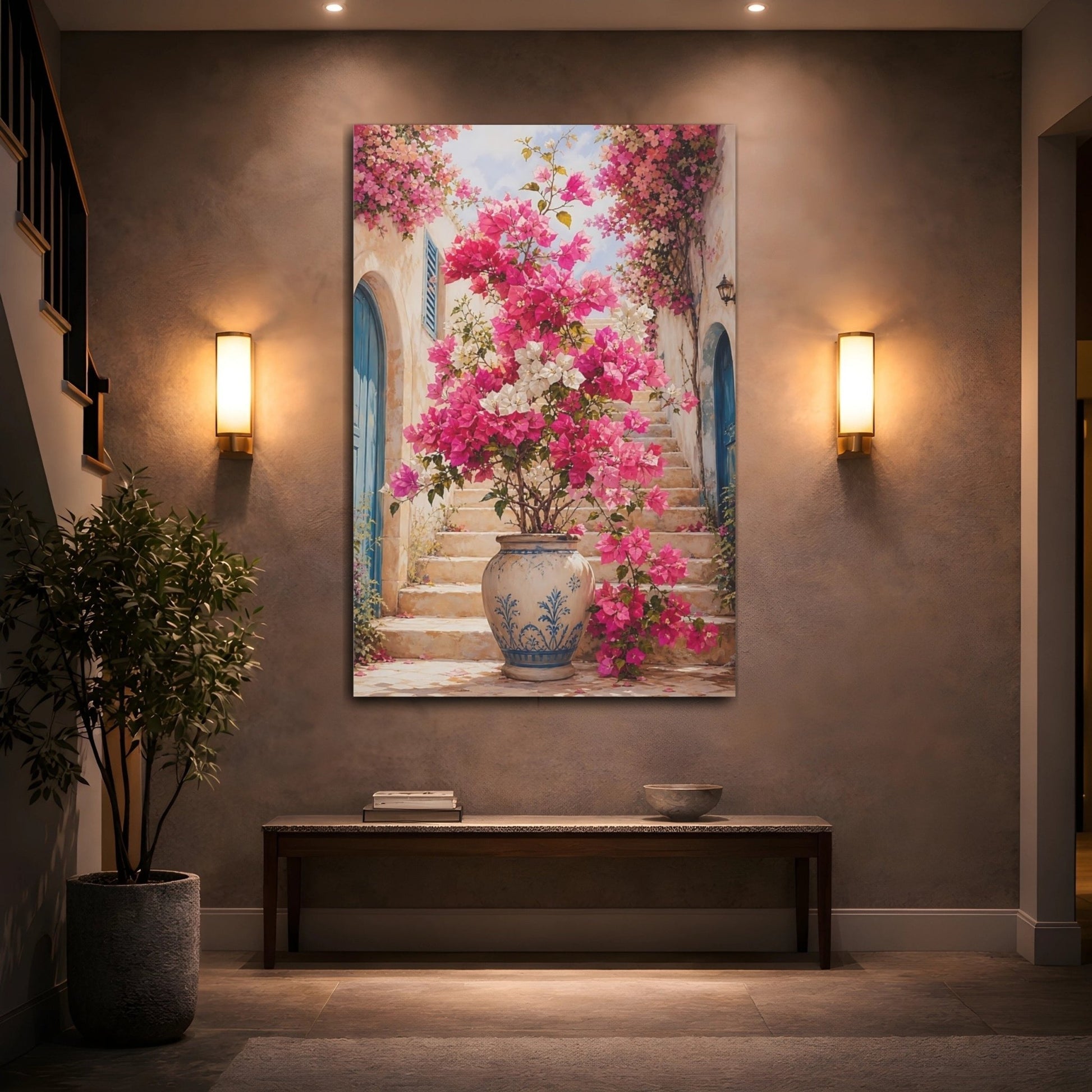 Floral Bougainvillea Flowers Pink Canvas Print Wall Art – Mediterranean Living Room, Above Console Table - YesArtYes