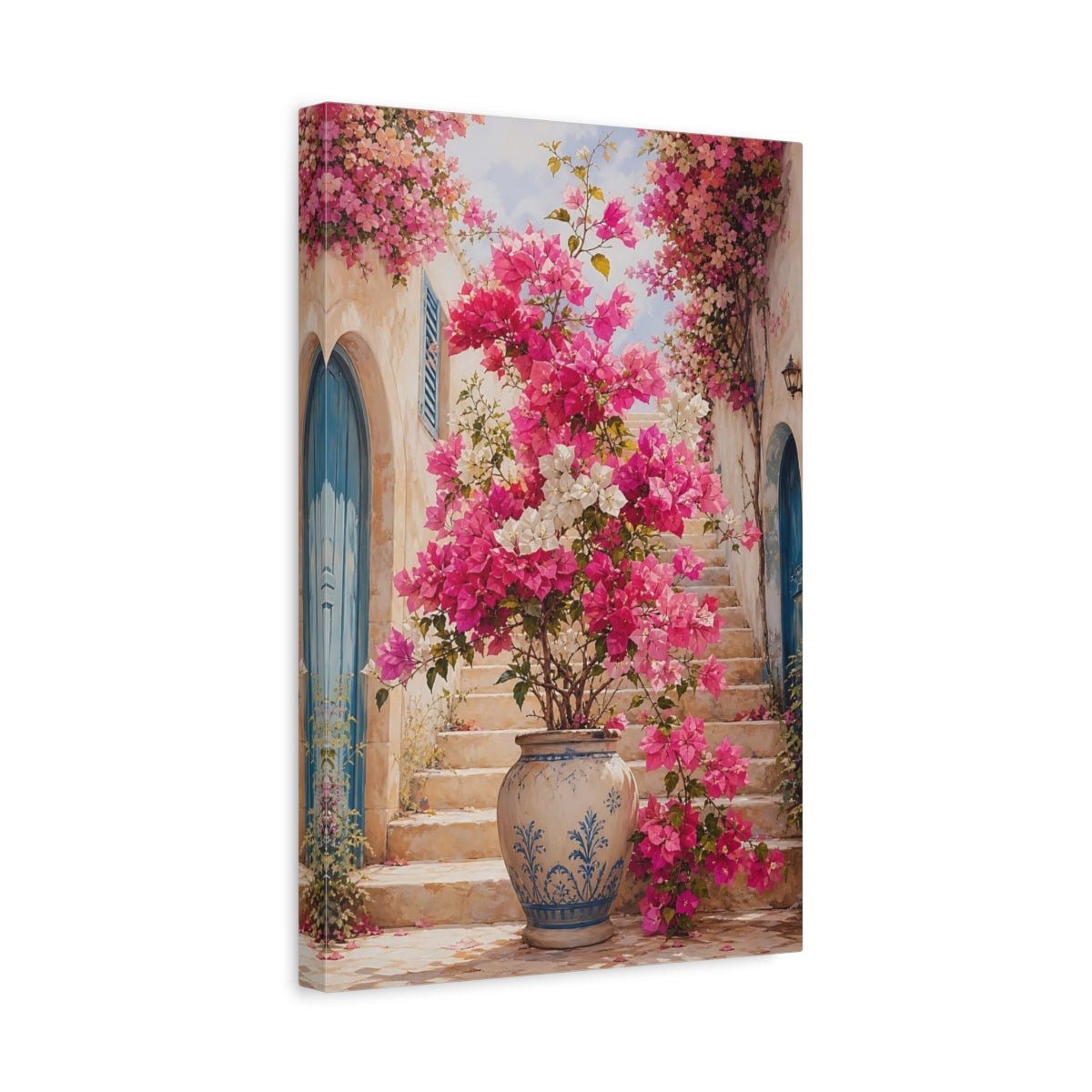 Floral Bougainvillea Flowers Pink Canvas Print Wall Art – Mediterranean Living Room, Above Console Table - YesArtYes