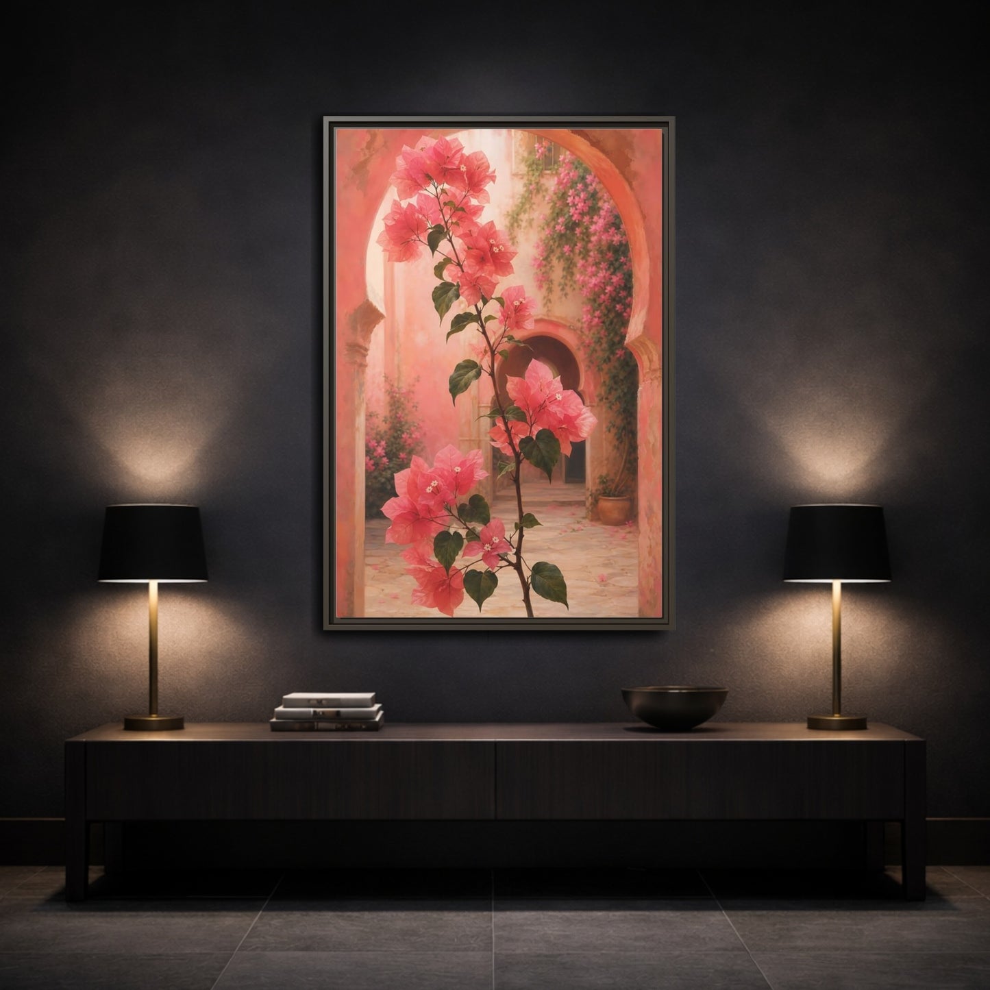 Mockup 3. Floral Bougainvillea Pink Bougainvillea shown as framed canvas print