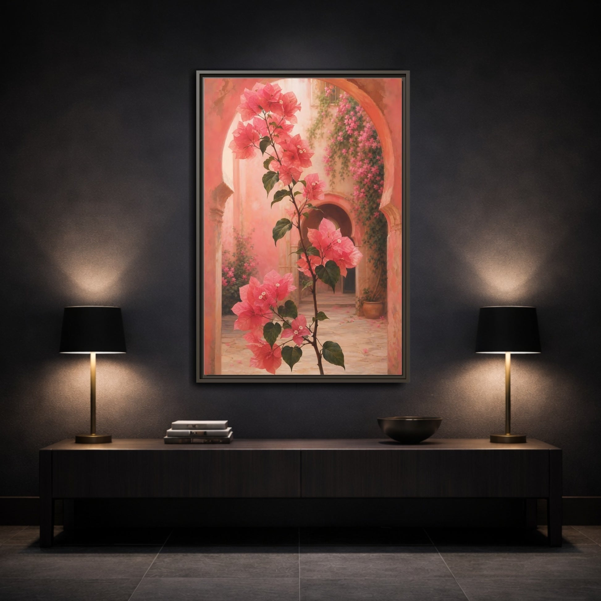 Mockup 3. Floral Bougainvillea Pink Bougainvillea shown as framed canvas print