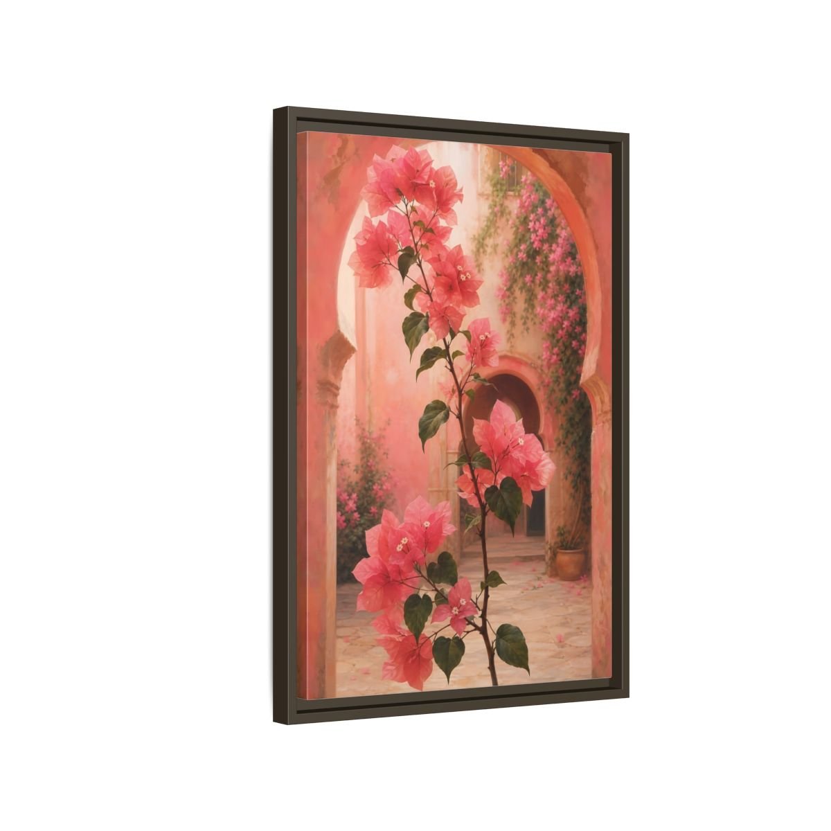 Floral Bougainvillea Pink Framed Canvas Print – Mediterranean Living Room, Above Console Table - YesArtYes