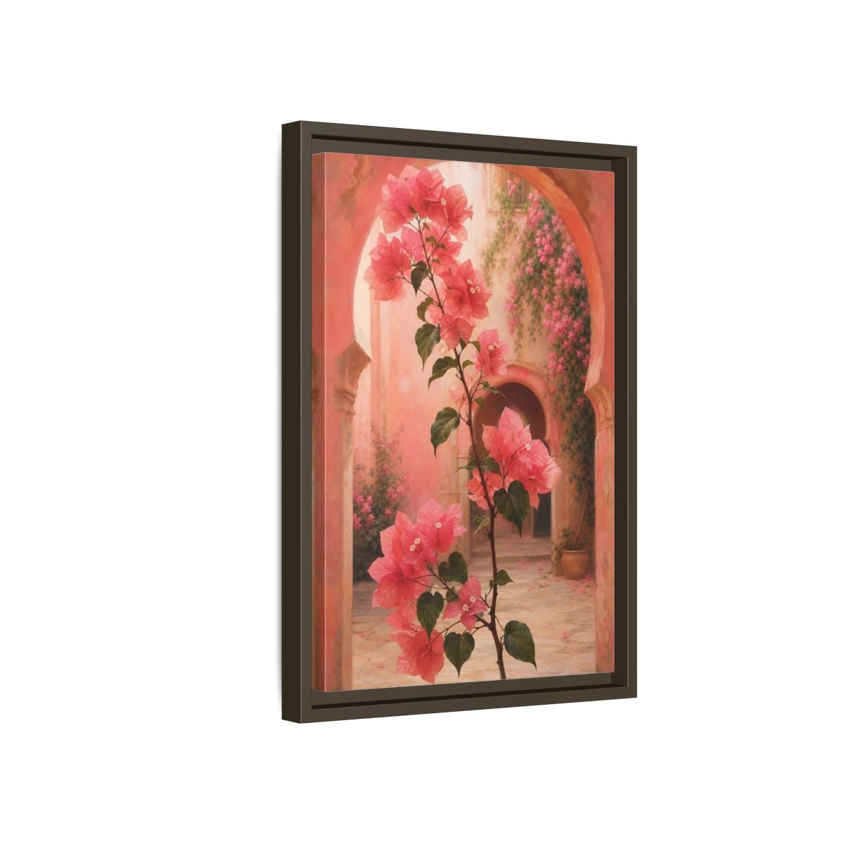 Floral Bougainvillea Pink Framed Canvas Print – Mediterranean Living Room, Above Console Table - YesArtYes