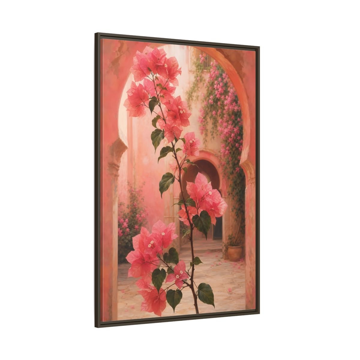 Floral Bougainvillea Pink Framed Canvas Print – Mediterranean Living Room, Above Console Table - YesArtYes