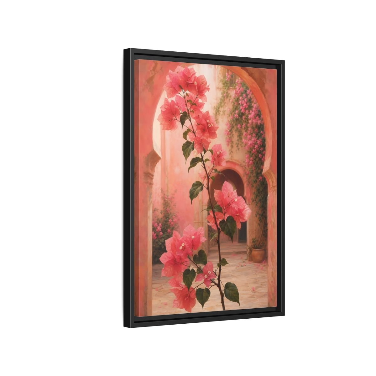 Floral Bougainvillea Pink Framed Canvas Print – Mediterranean Living Room, Above Console Table - YesArtYes