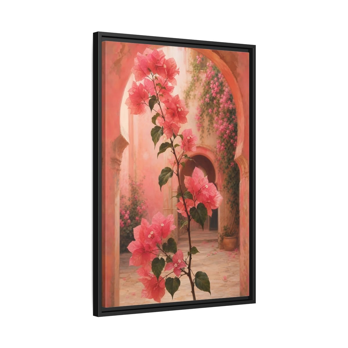 Floral Bougainvillea Pink Framed Canvas Print – Mediterranean Living Room, Above Console Table - YesArtYes