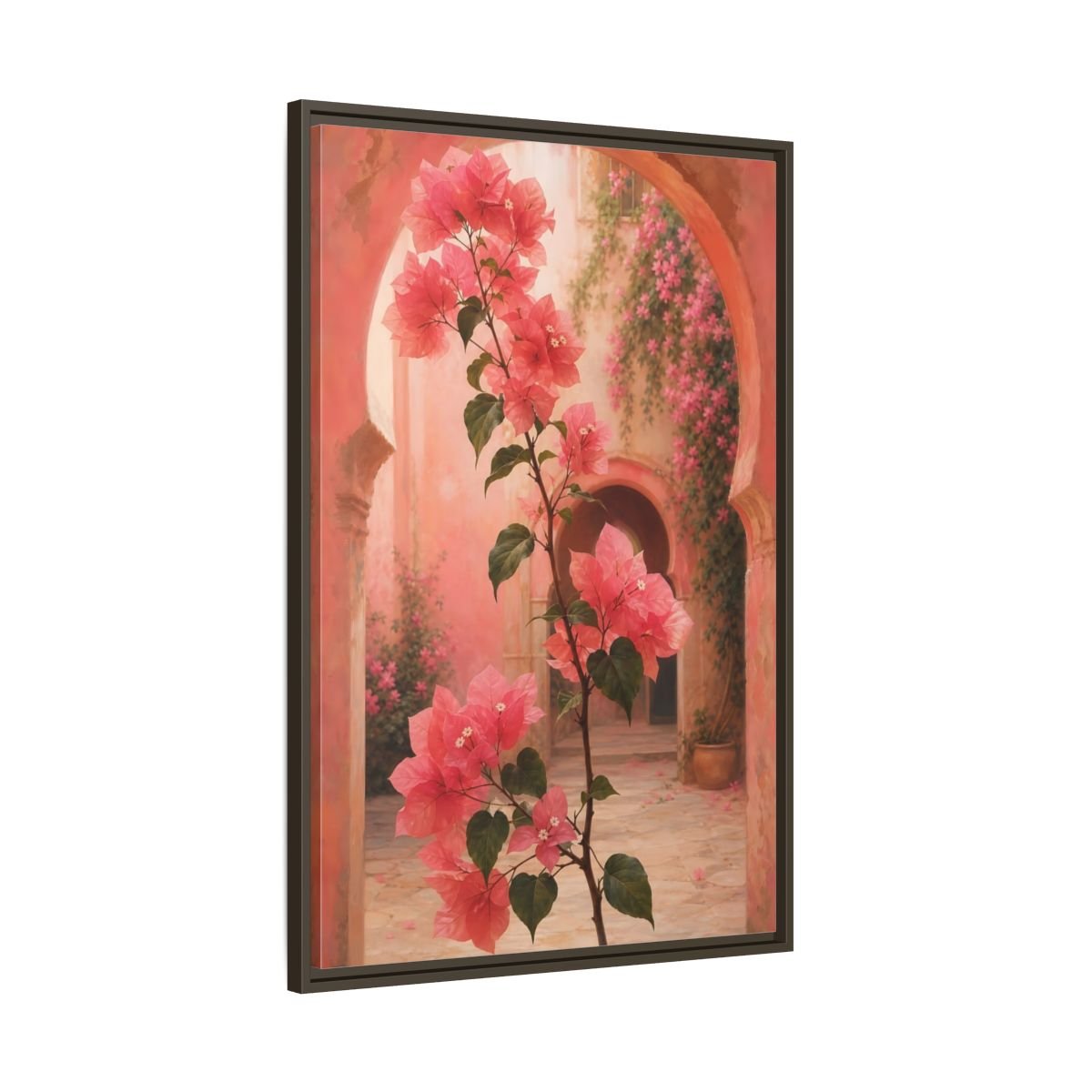 Floral Bougainvillea Pink Framed Canvas Print – Mediterranean Living Room, Above Console Table - YesArtYes
