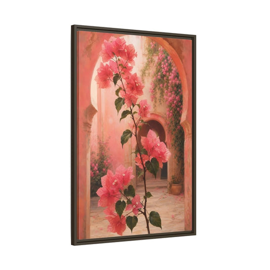 Floral Bougainvillea Pink Framed Canvas Print – Mediterranean Living Room, Above Console Table - YesArtYes