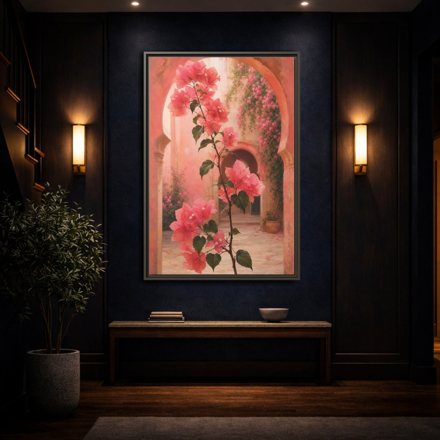 Floral Bougainvillea Pink Framed Canvas Print – Mediterranean Living Room, Above Console Table - YesArtYes