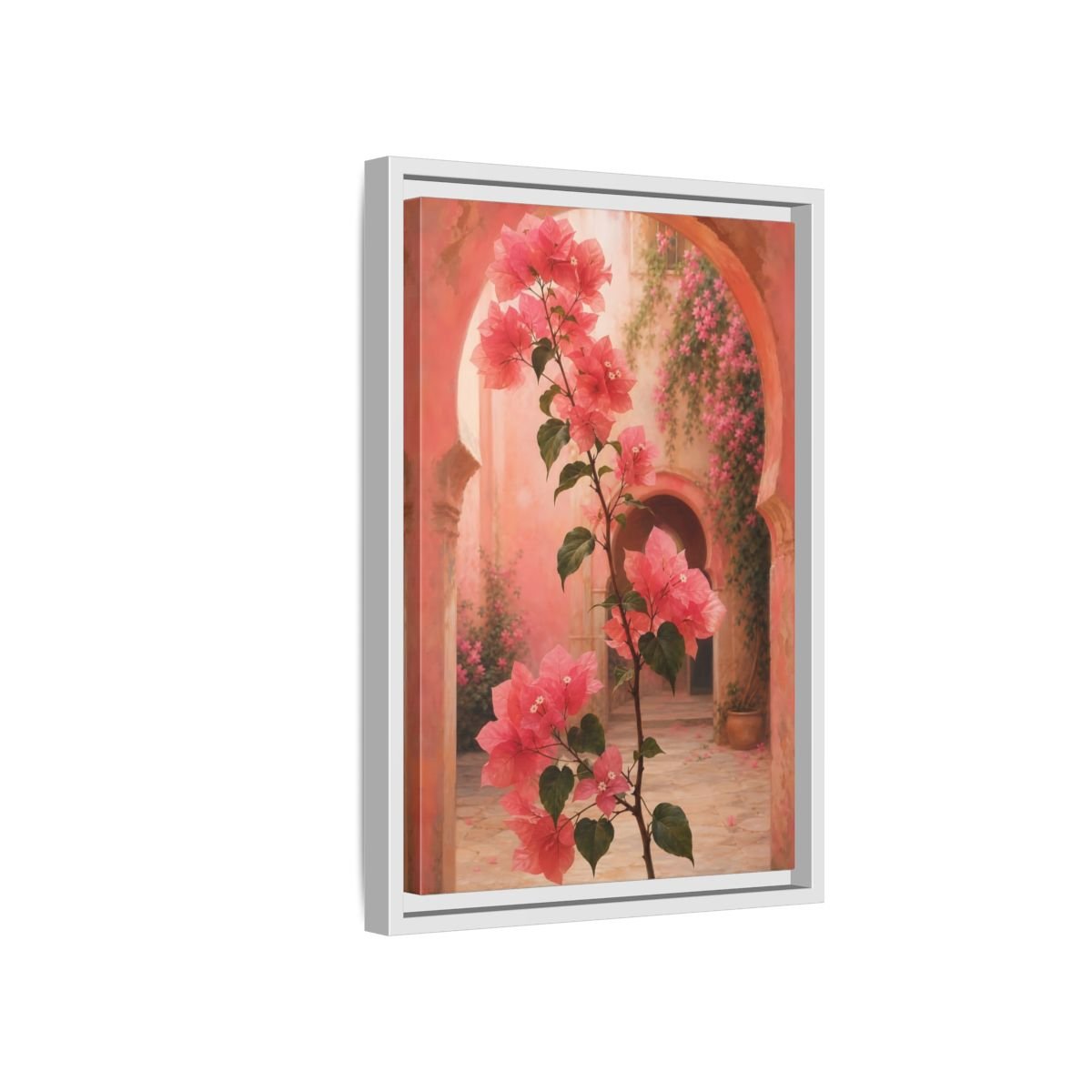 Floral Bougainvillea Pink Framed Canvas Print – Mediterranean Living Room, Above Console Table - YesArtYes