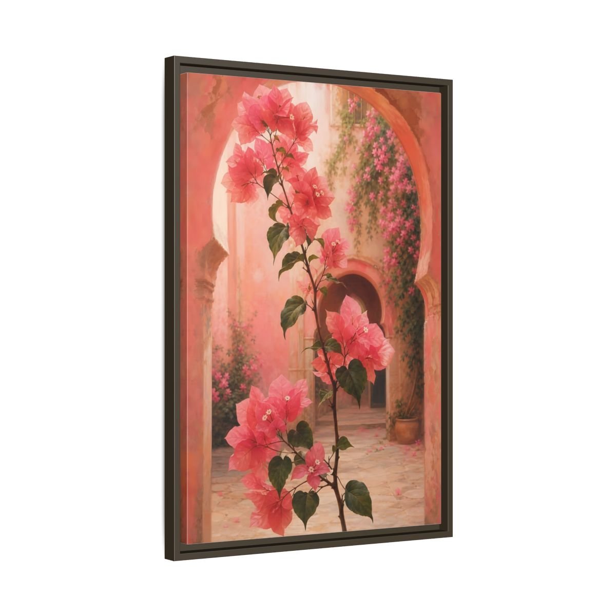 Floral Bougainvillea Pink Framed Canvas Print – Mediterranean Living Room, Above Console Table - YesArtYes