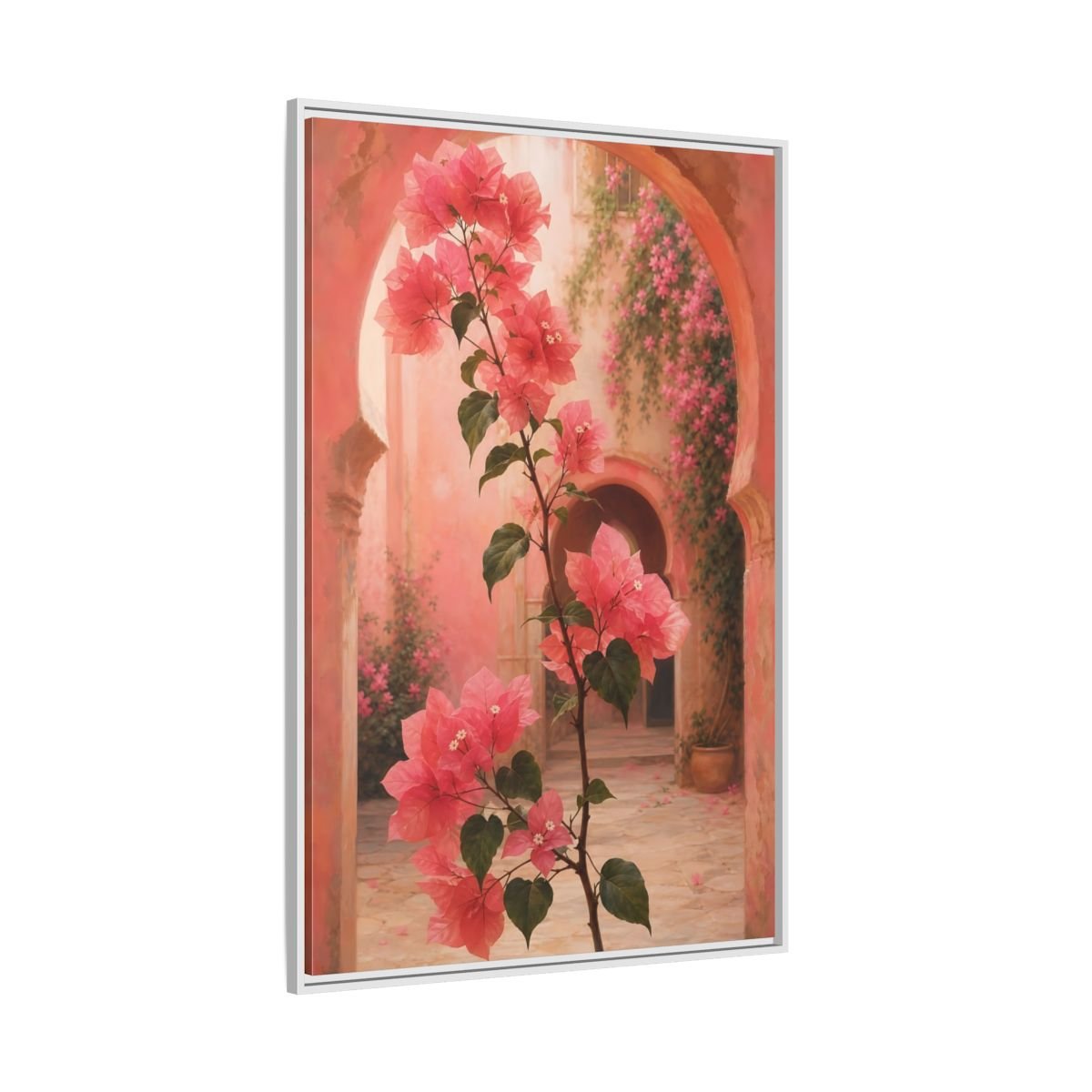 Floral Bougainvillea Pink Framed Canvas Print – Mediterranean Living Room, Above Console Table - YesArtYes