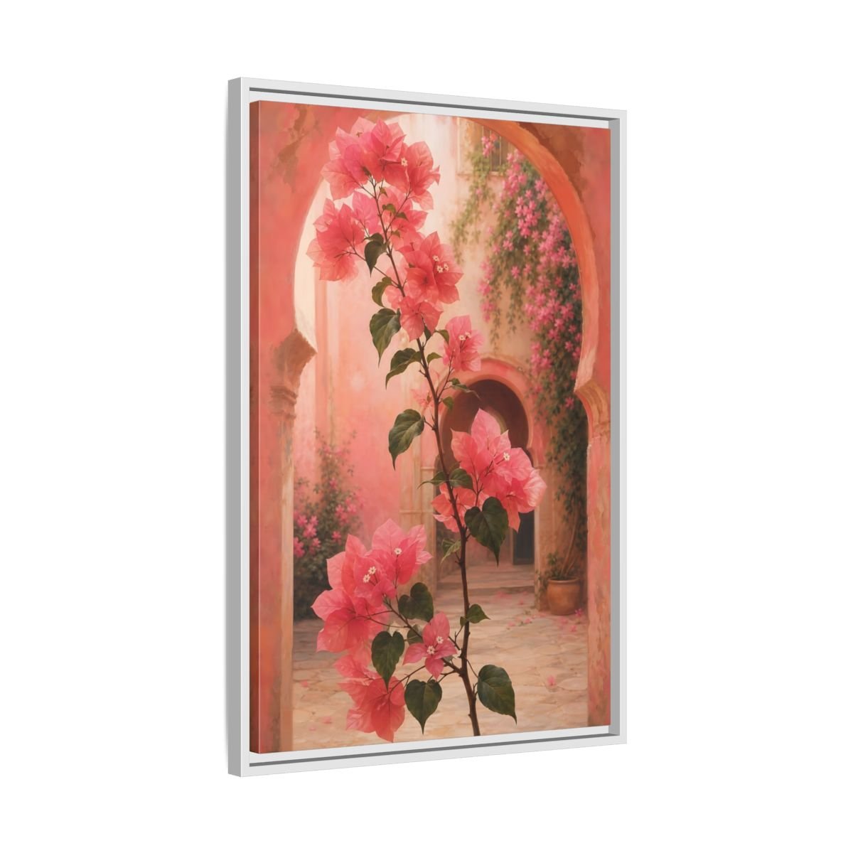 Floral Bougainvillea Pink Framed Canvas Print – Mediterranean Living Room, Above Console Table - YesArtYes