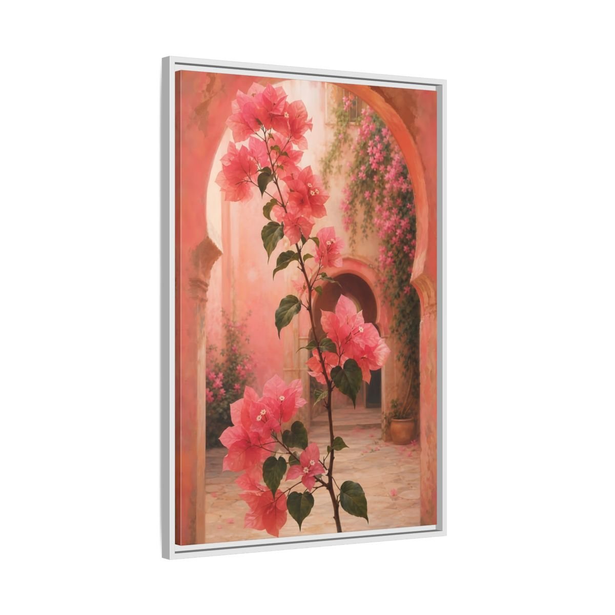 Floral Bougainvillea Pink Framed Canvas Print – Mediterranean Living Room, Above Console Table - YesArtYes