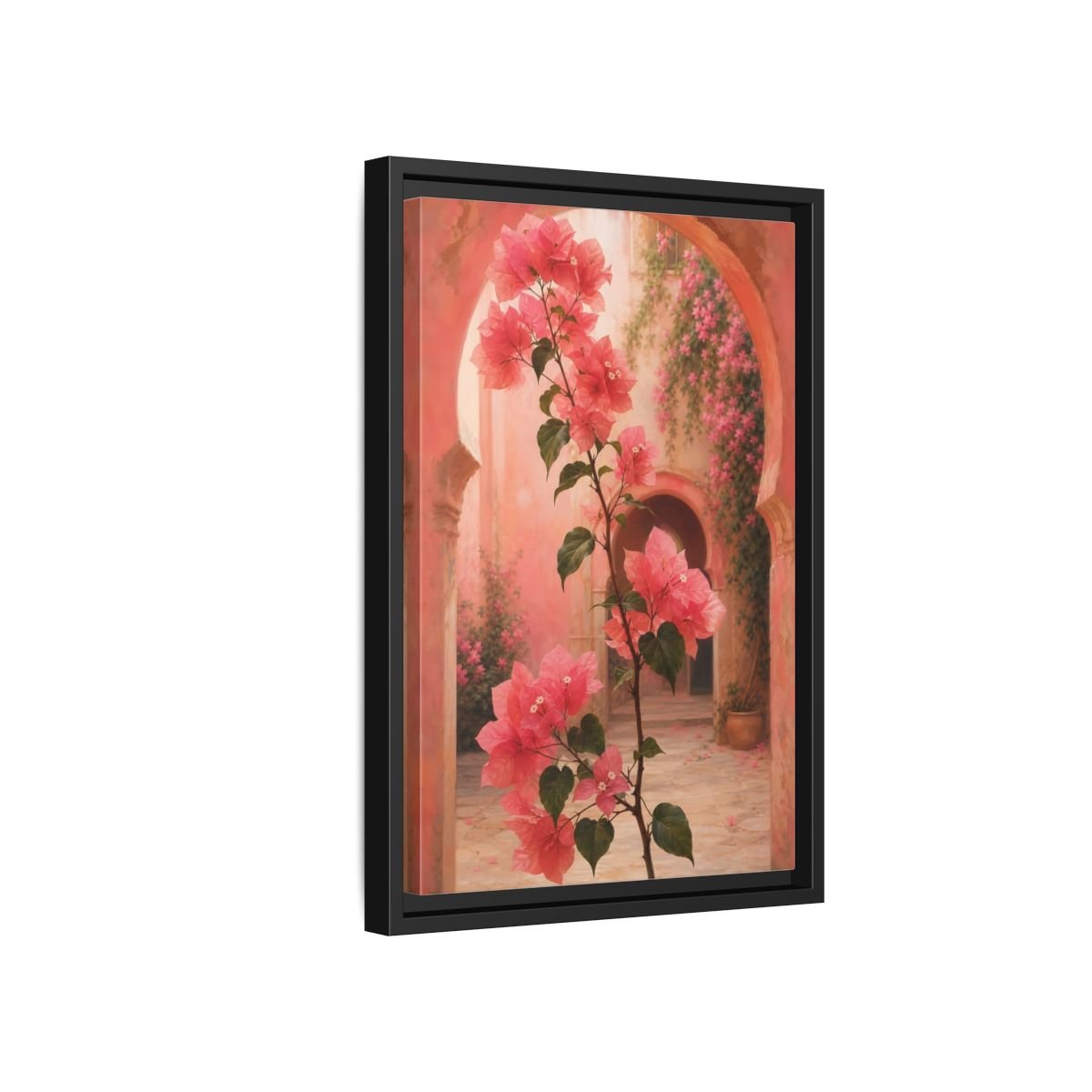 Floral Bougainvillea Pink Framed Canvas Print – Mediterranean Living Room, Above Console Table - YesArtYes