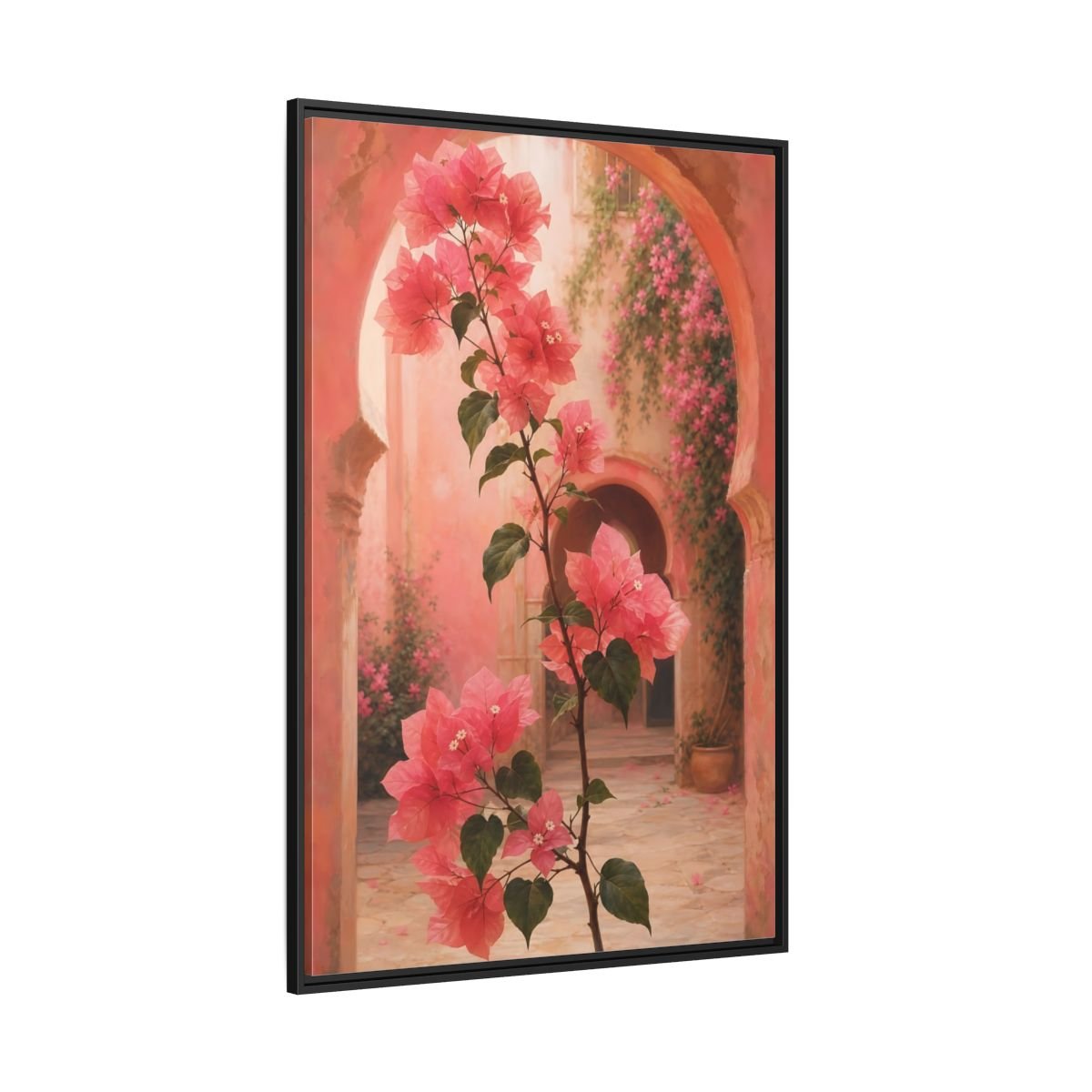 Floral Bougainvillea Pink Framed Canvas Print – Mediterranean Living Room, Above Console Table - YesArtYes