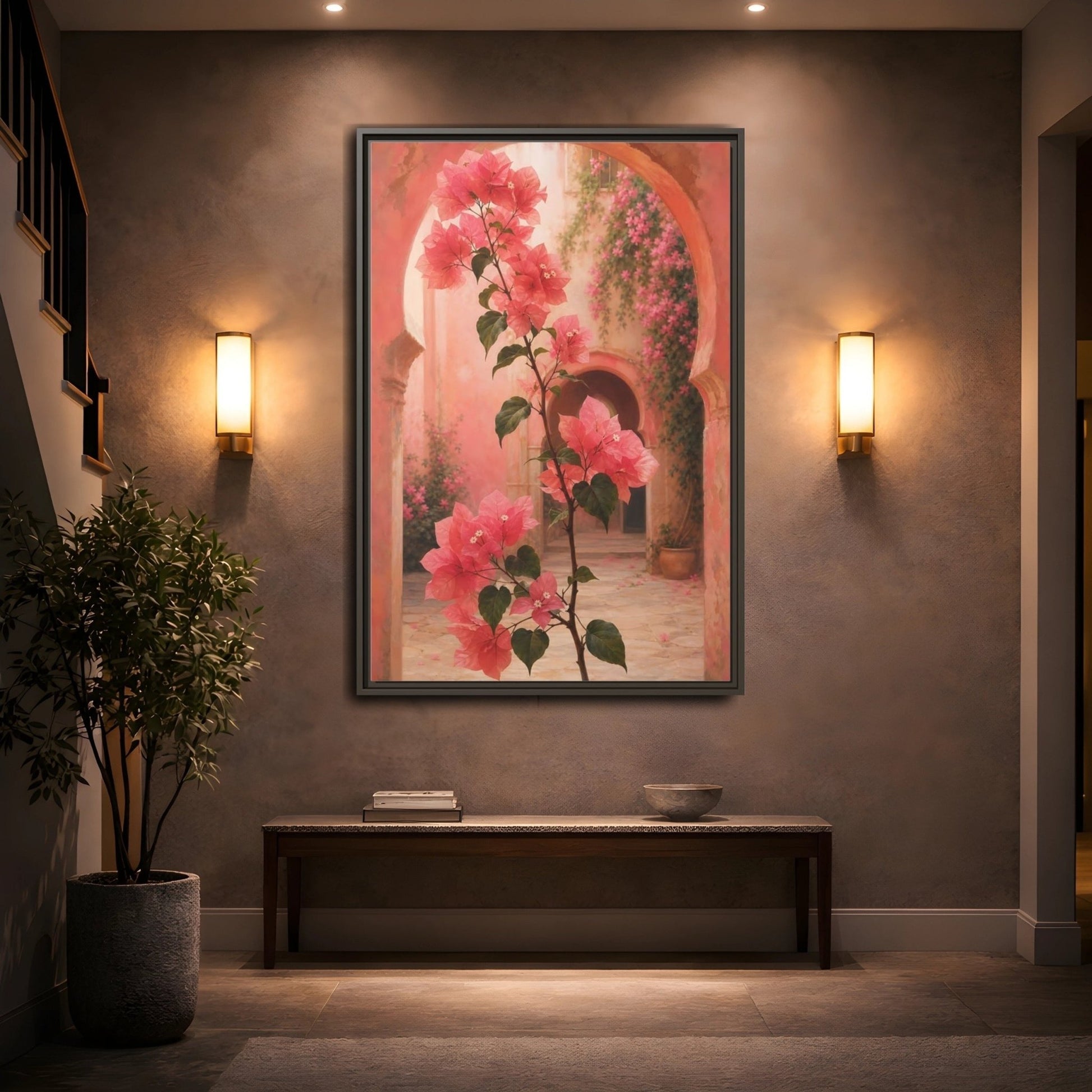 Floral Bougainvillea Pink Framed Canvas Print – Mediterranean Living Room, Above Console Table - YesArtYes