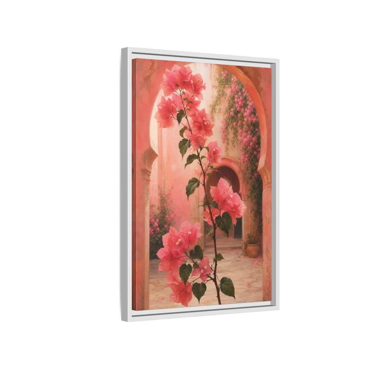 Floral Bougainvillea Pink Framed Canvas Print – Mediterranean Living Room, Above Console Table - YesArtYes