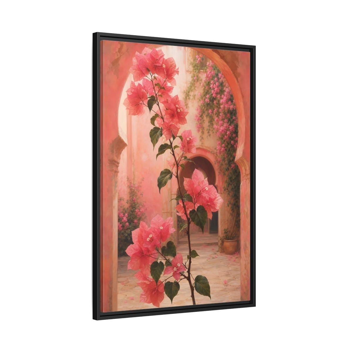 Floral Bougainvillea Pink Framed Canvas Print – Mediterranean Living Room, Above Console Table - YesArtYes