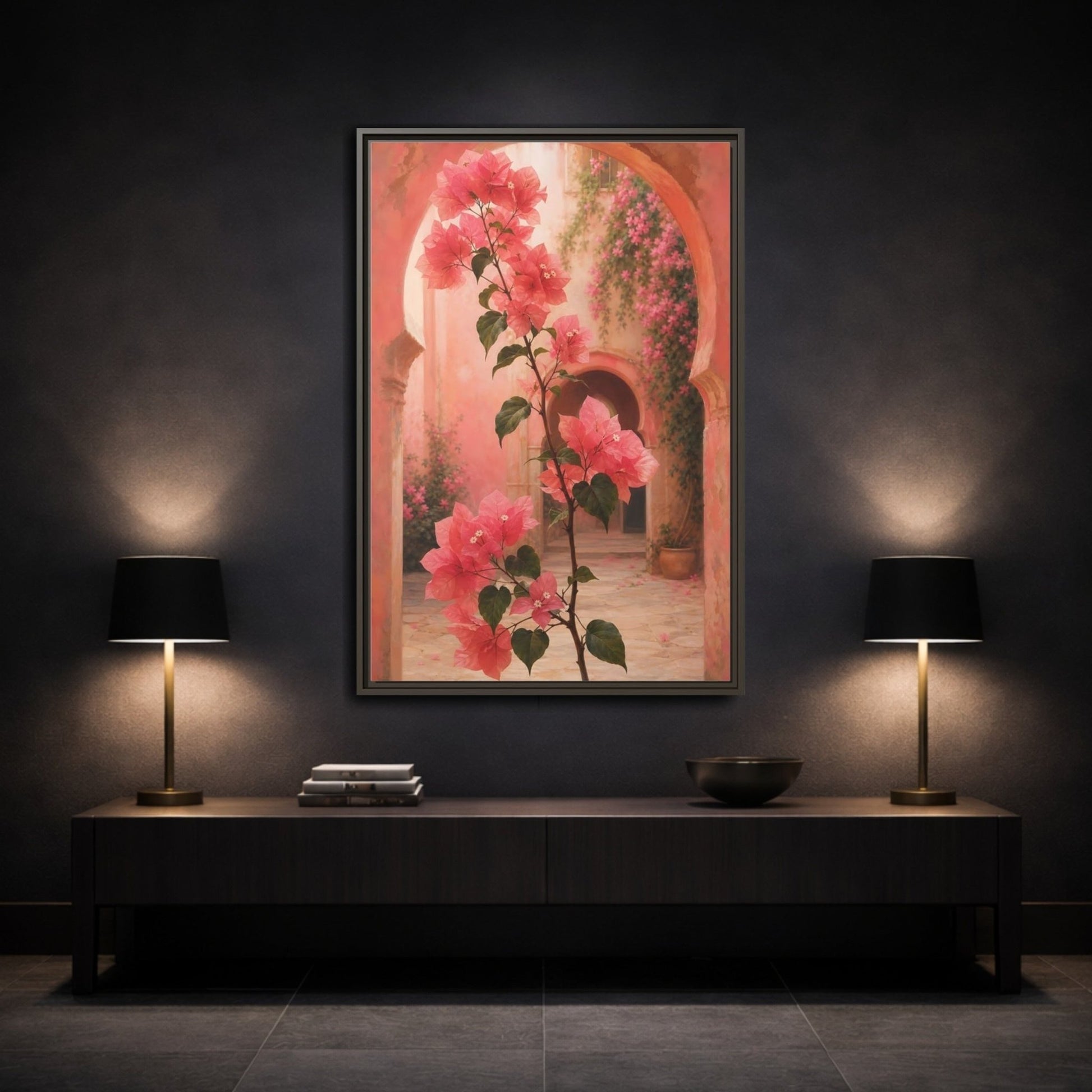 Floral Bougainvillea Pink Framed Canvas Print – Mediterranean Living Room, Above Console Table - YesArtYes