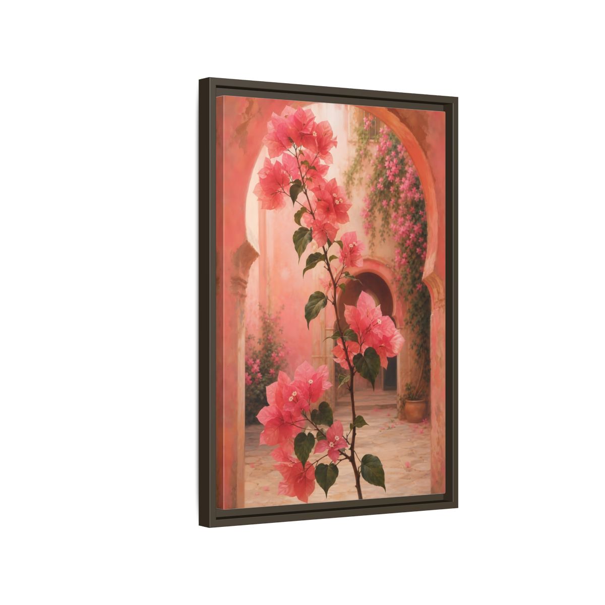 Side Mockup 2. Floral Bougainvillea Pink Bougainvillea shown as framed canvas print
