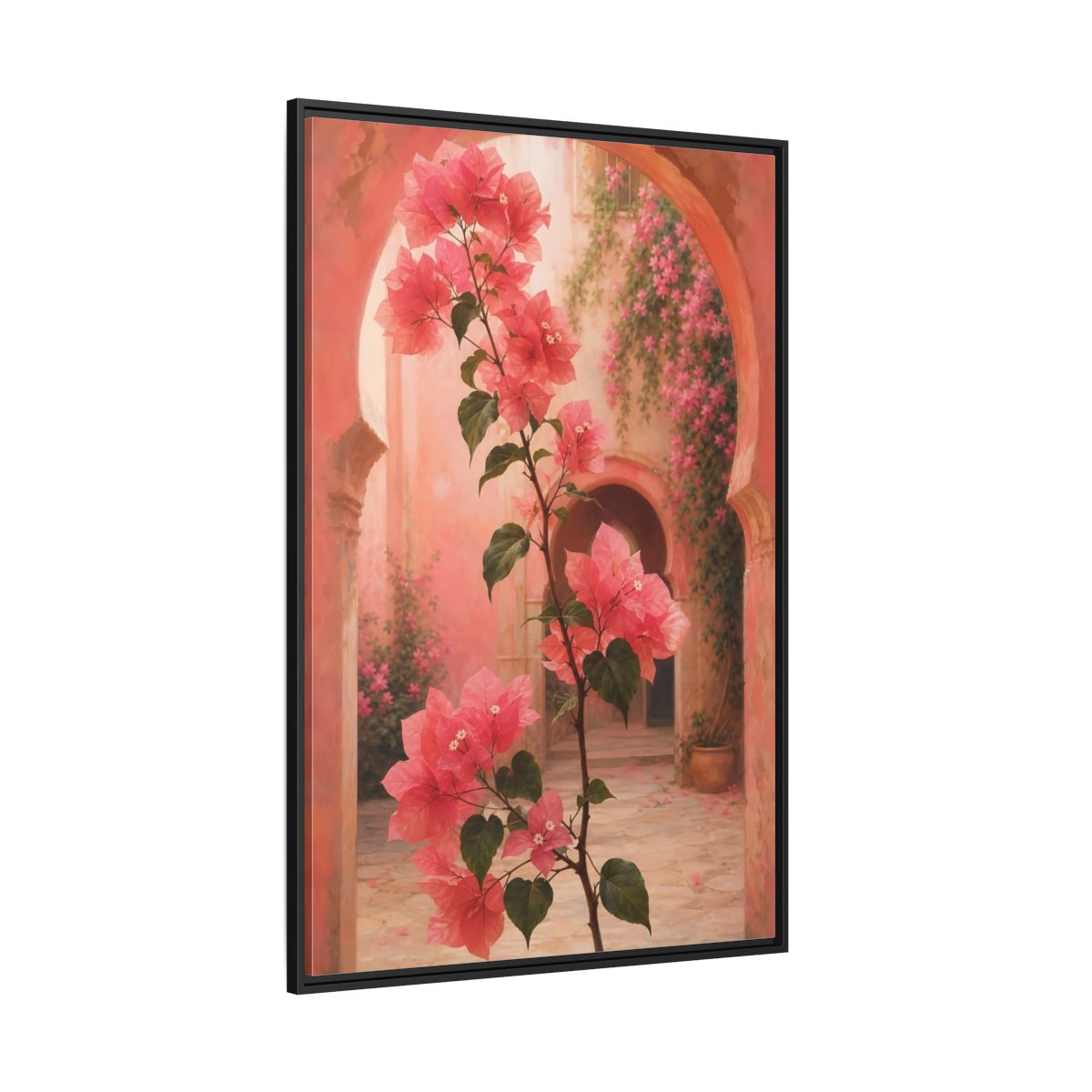 Side Mockup 12. Floral Bougainvillea Pink Bougainvillea shown as framed canvas print