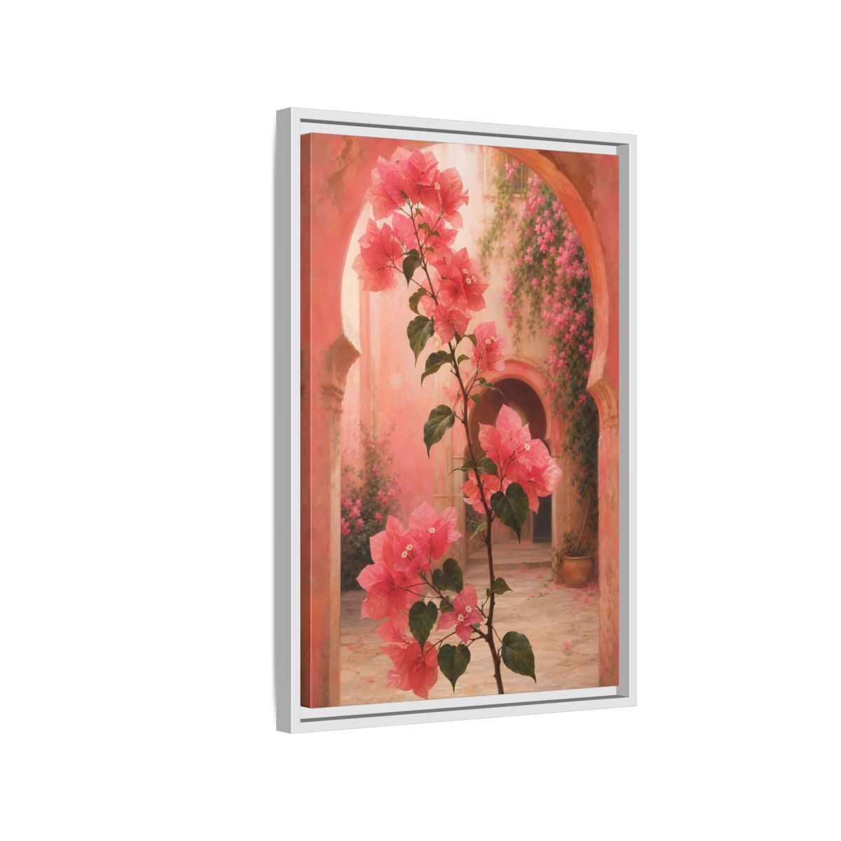 Side Mockup 1. Floral Bougainvillea Pink Bougainvillea shown as framed canvas print