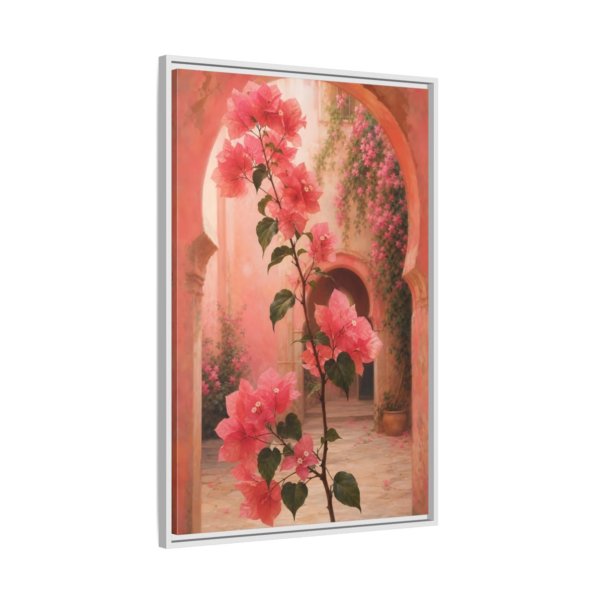 Side Mockup 9. Floral Bougainvillea Pink Bougainvillea shown as framed canvas print