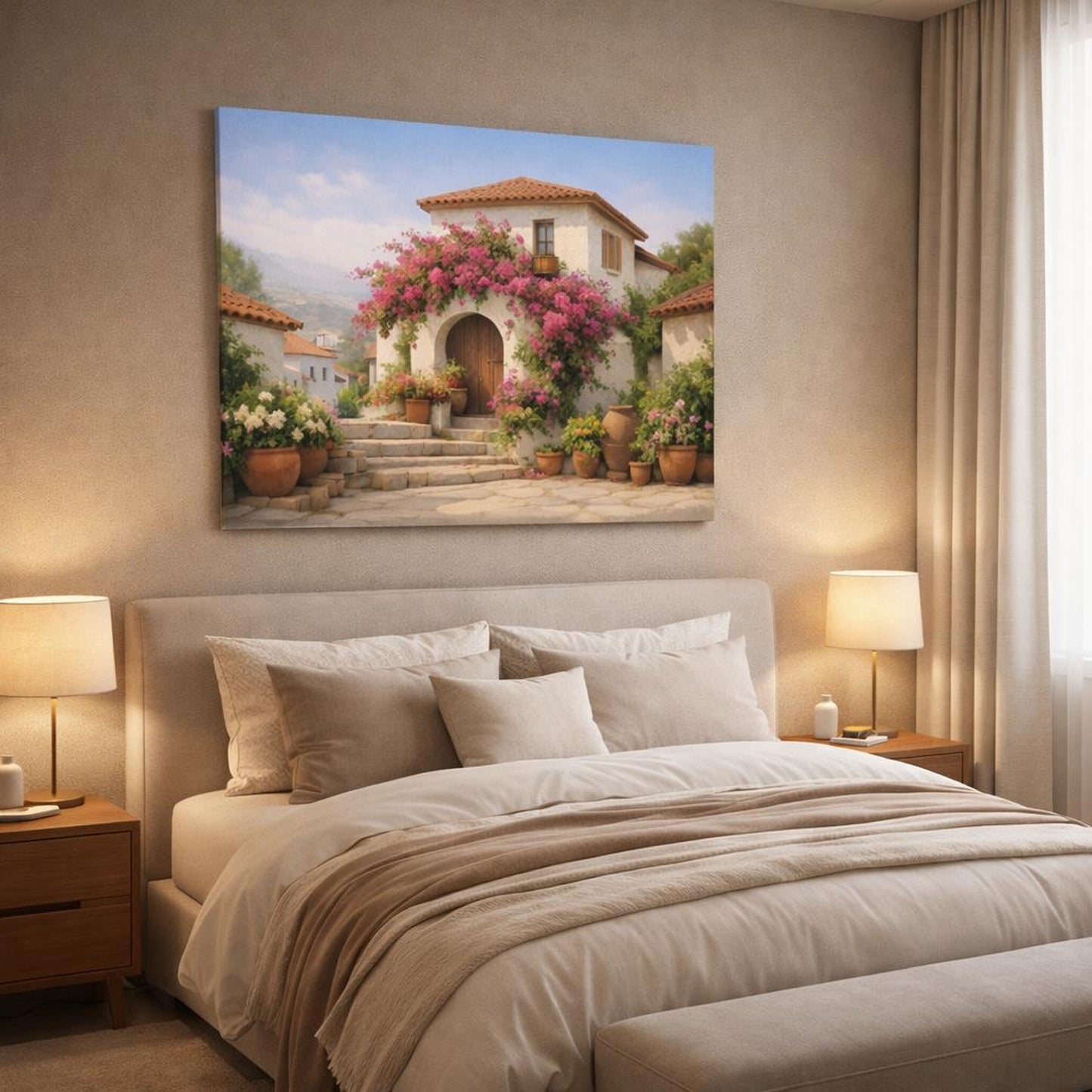 Floral Bougainvillea Village shown as canvas wall art in a luxury bedroom