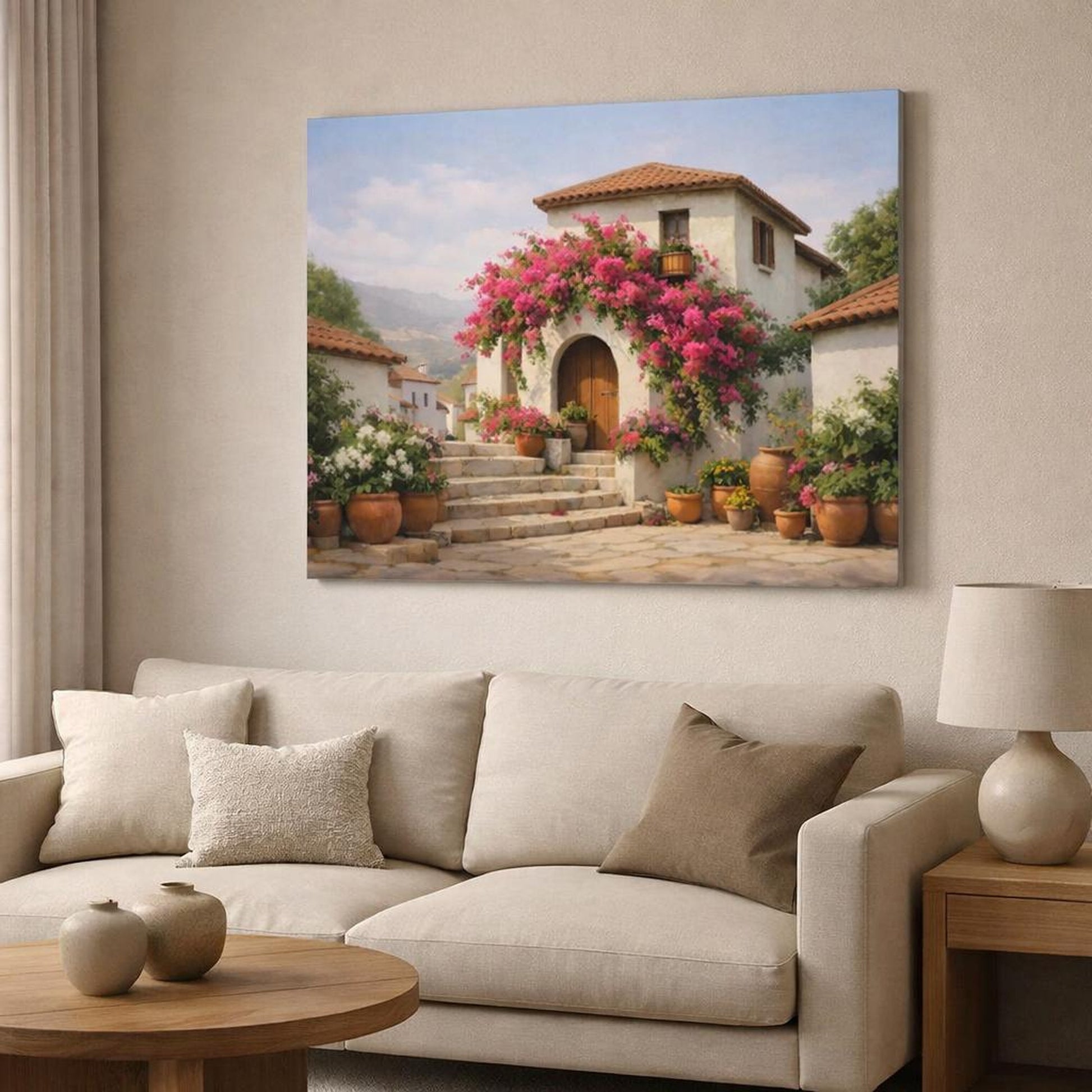 Floral Bougainvillea Village shown as canvas wall art in a modern living room