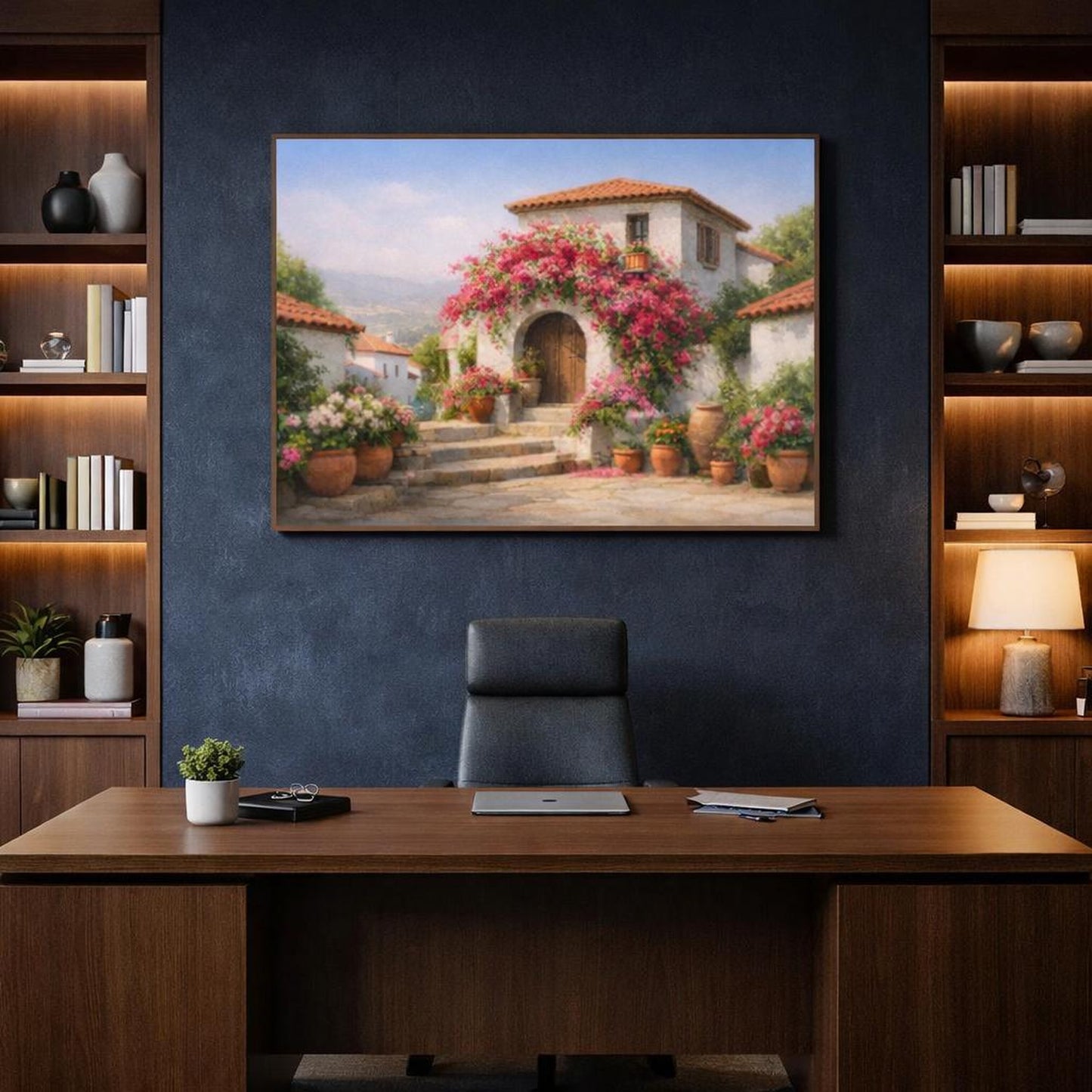 Floral Bougainvillea Village shown as canvas wall art in a refined dining room