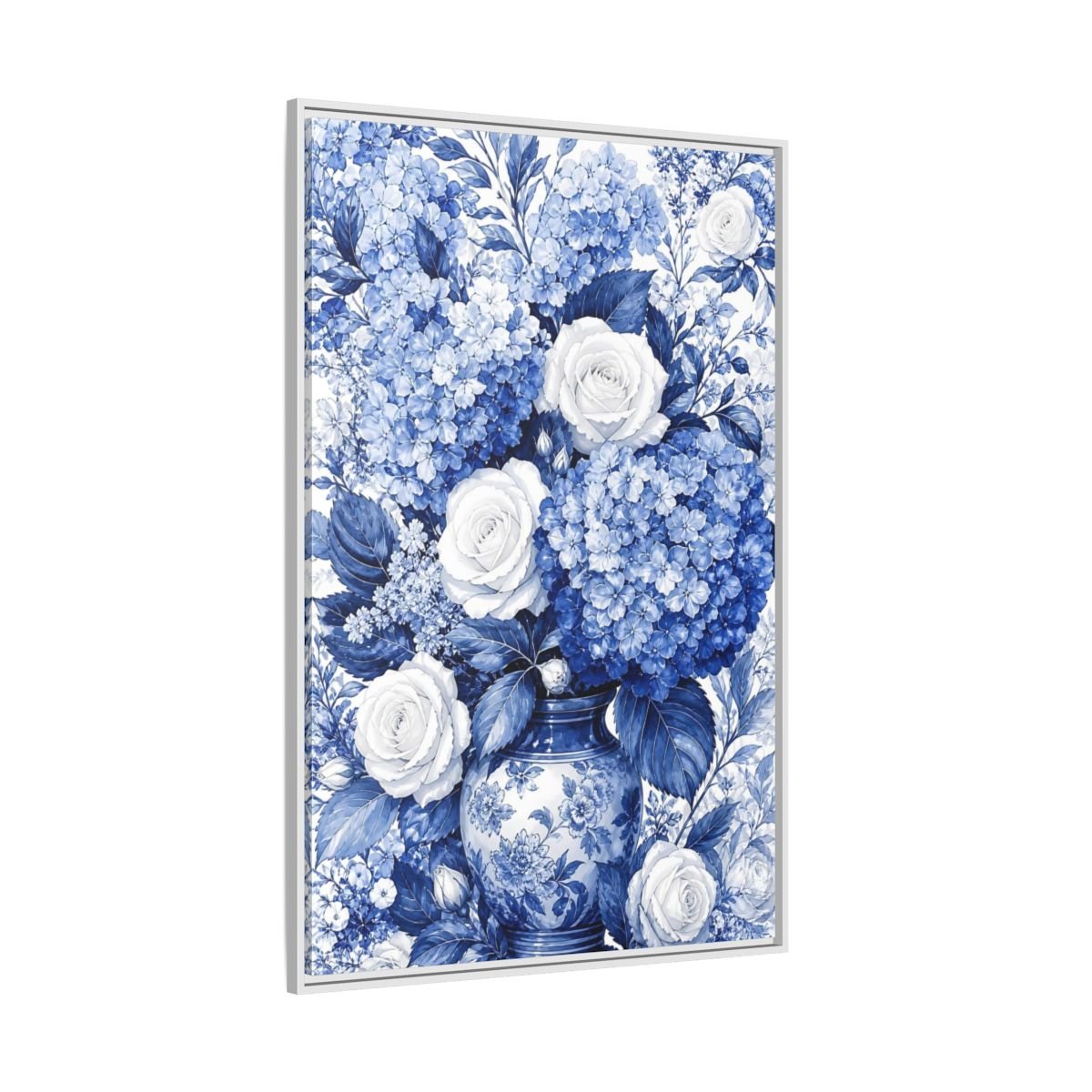 Floral Bouquet Blue And White Framed Canvas Print Wall Art – Living Room Decor, Above Fireplace - YesArtYes