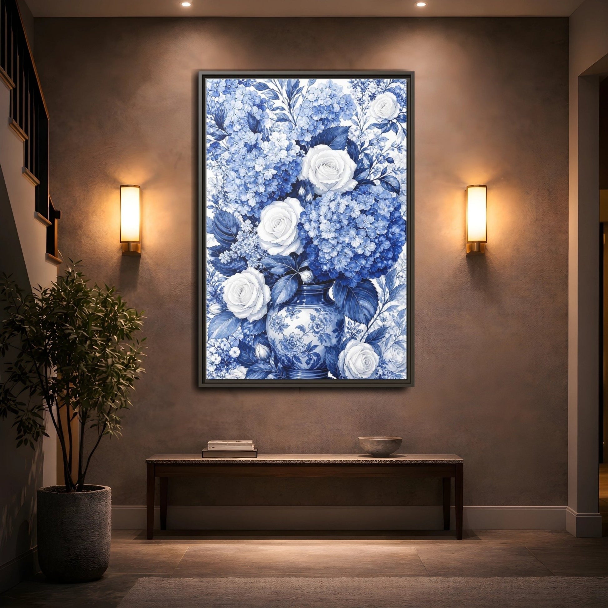Floral Bouquet Blue And White Framed Canvas Print Wall Art – Living Room Decor, Above Fireplace - YesArtYes