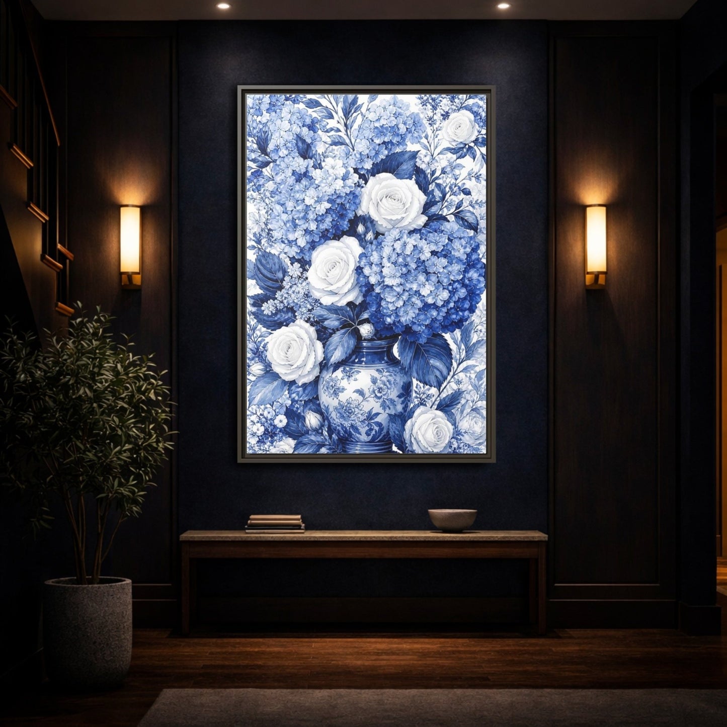 Floral Bouquet Blue And White Framed Canvas Print Wall Art – Living Room Decor, Above Fireplace - YesArtYes