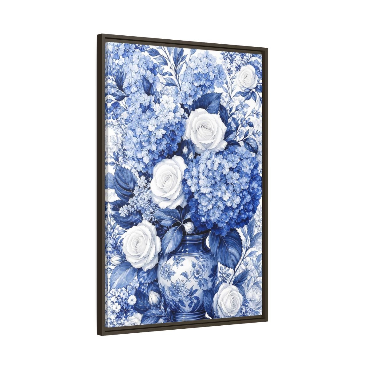 Floral Bouquet Blue And White Framed Canvas Print Wall Art – Living Room Decor, Above Fireplace - YesArtYes