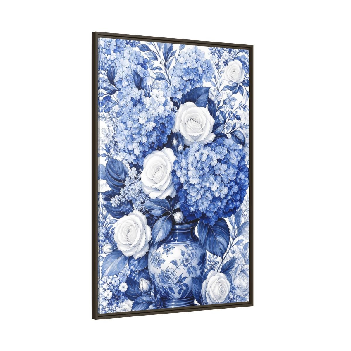 Floral Bouquet Blue And White Framed Canvas Print Wall Art – Living Room Decor, Above Fireplace - YesArtYes