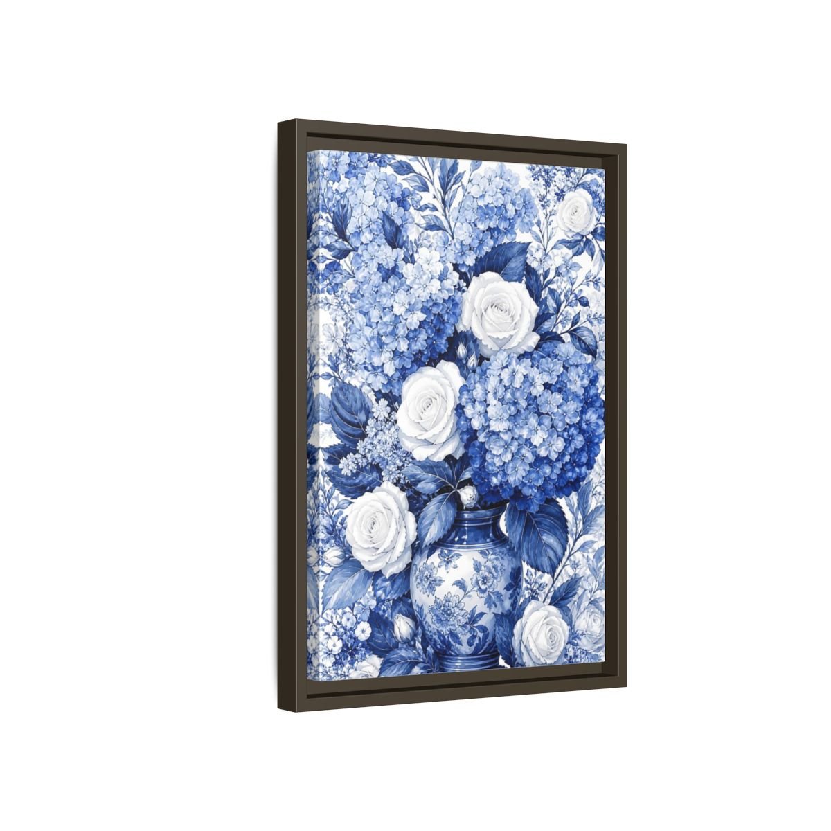 Floral Bouquet Blue And White Framed Canvas Print Wall Art – Living Room Decor, Above Fireplace - YesArtYes