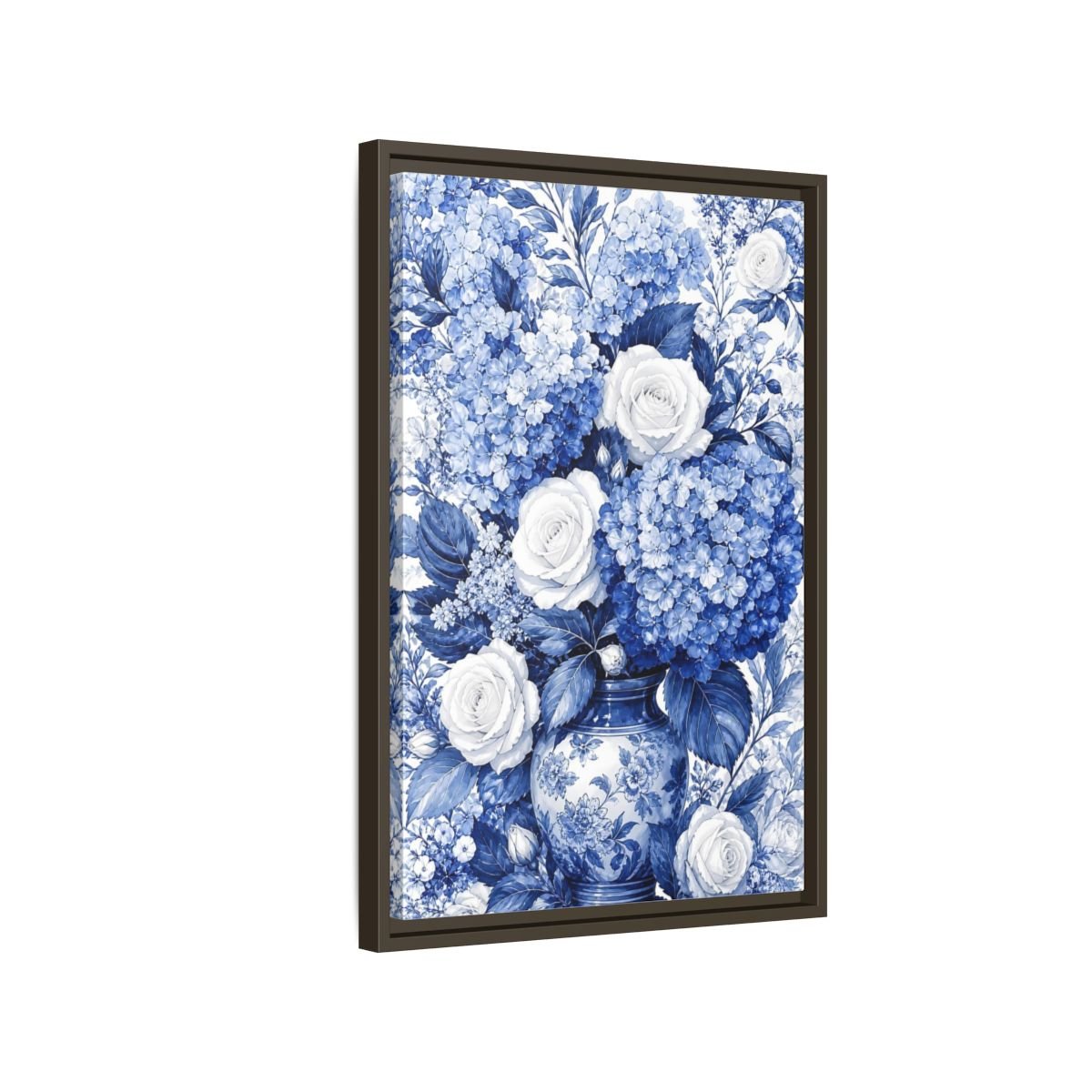 Floral Bouquet Blue And White Framed Canvas Print Wall Art – Living Room Decor, Above Fireplace - YesArtYes